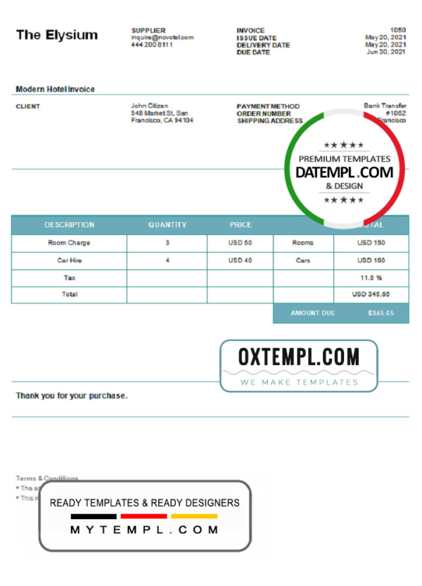 USA The Elysium invoice template in Word and PDF format, fully editable