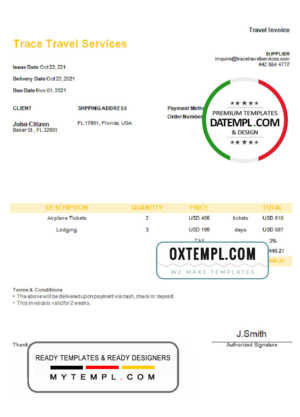 USA Trace Travel Services invoice template in Word and PDF format, fully editable