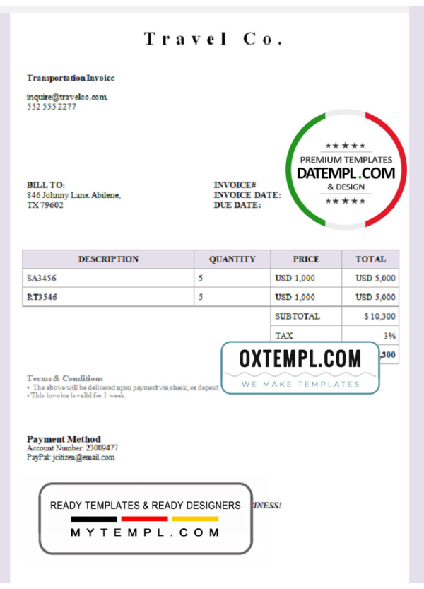 USA Travel Co. invoice template in Word and PDF format, fully editable