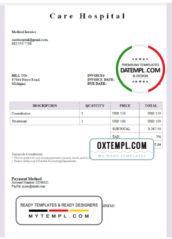 USA Care Hospital invoice template in Word and PDF format, fully editable