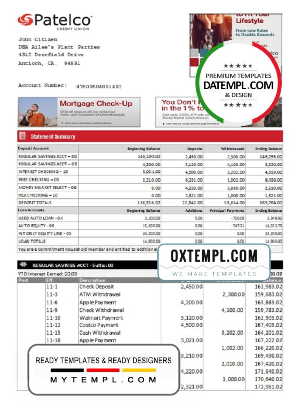 USA California Patelco Credit Union bank statement template in Excel and PDF format