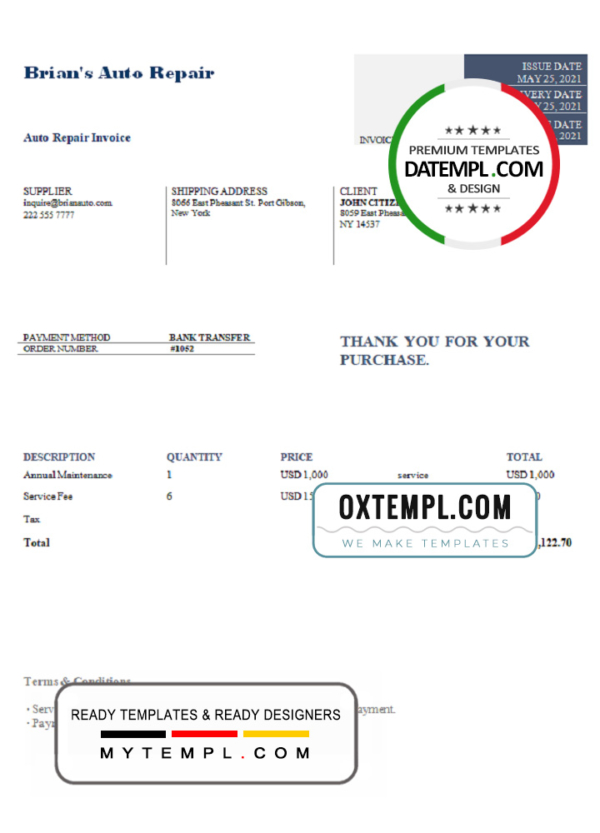 USA Brian's Auto Repair invoice template in Word and PDF format, fully editable