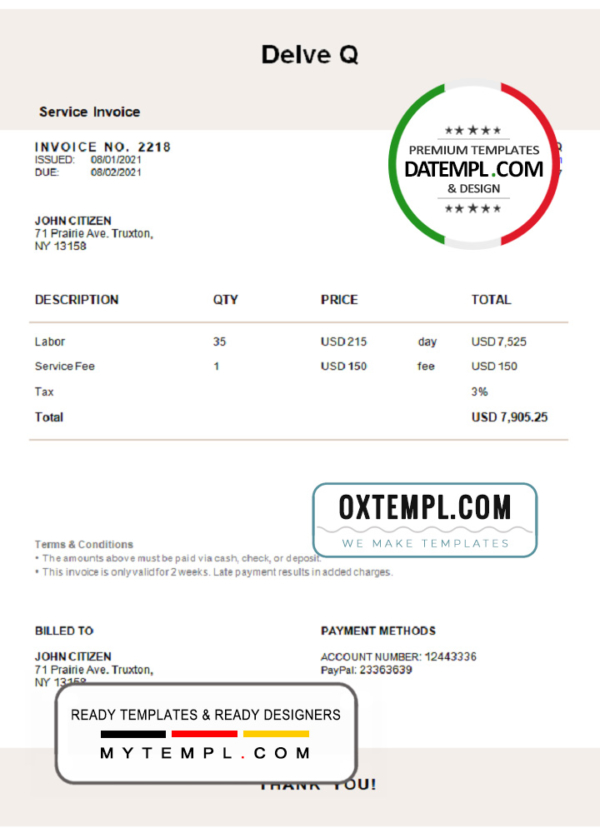 USA Delve Q invoice template in Word and PDF format, fully editable