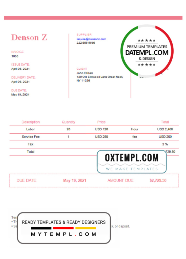 USA Denson Z invoice template in Word and PDF format, fully editable