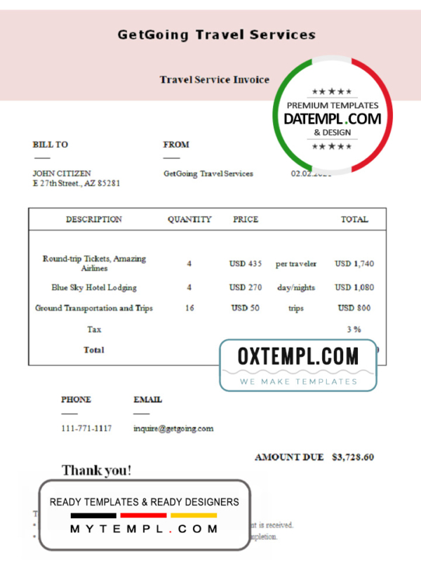 USA GetGoing Travel Services invoice template in Word and PDF format, fully editable