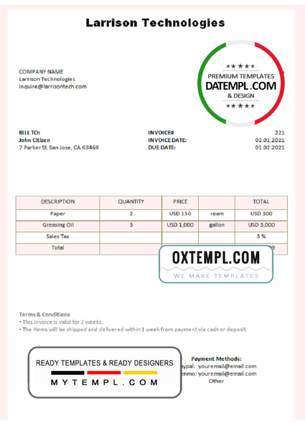 USA Larrison Technologies invoice template in Word and PDF format, fully editable
