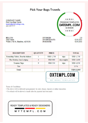 USA Pick Your Bags Travels invoice template in Word and PDF format, fully editable