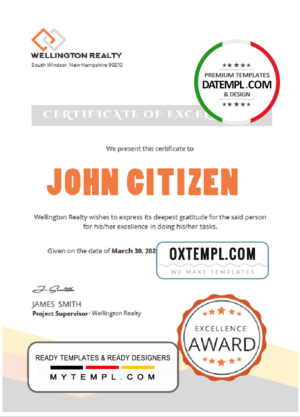 USA Excellence certificate template in Word and PDF format, version 2