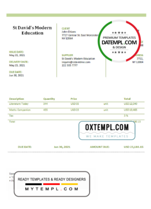 USA St David's Modern Education invoice template in Word and PDF format, fully editable