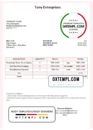 USA Tony Enterprises invoice template in Word and PDF format, fully editable