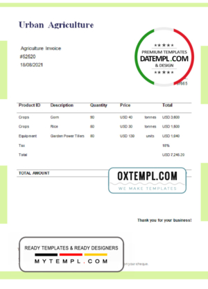 USA Urban Agriculture invoice template in Word and PDF format, fully editable
