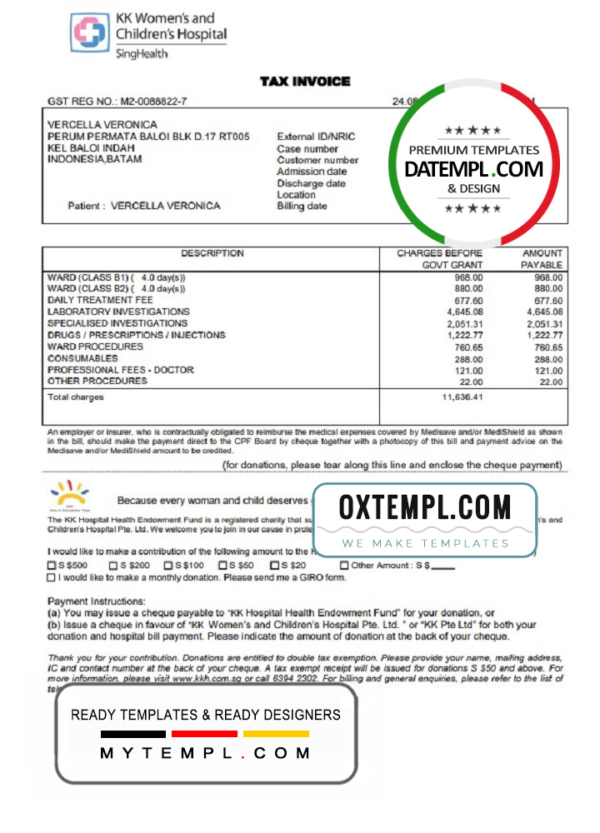 Singapore KK Women's and Children's Hospital tax invoice template in .doc and .pdf format