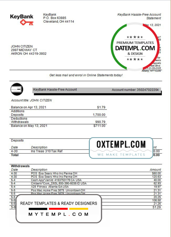 USA Ohio KeyBank bank statement template in Word and PDF format