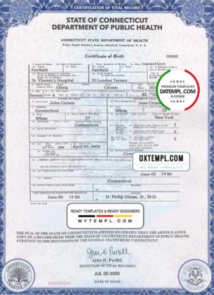 USA Connecticut state birth certificate template in PSD format, fully editable