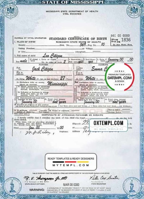 USA Mississippi state birth certificate template in PSD format, fully editable