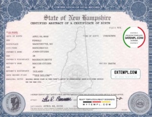 USA New Hampshire state birth certificate template in PSD format, fully editable