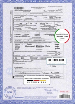 USA state Arkansas death certificate template in PSD format, fully editable