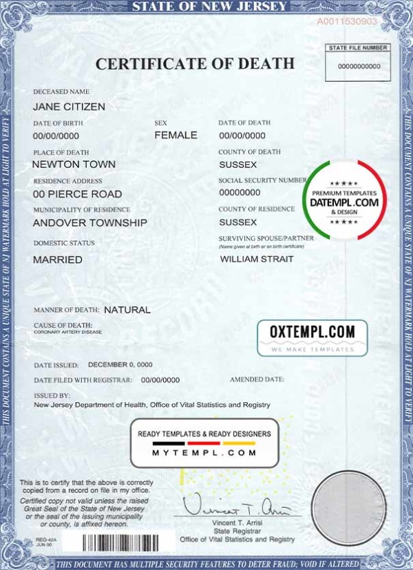 USA state New Jersey death certificate template in PSD format, fully editable