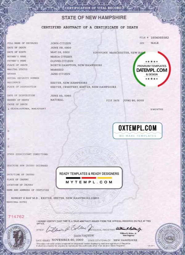 USA state New Hampshire death certificate template in PSD format, fully editable