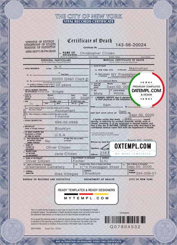 USA New York state death certificate template in PSD format, fully editable