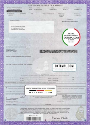 USA state Illinois certificate of title of a vehicle template in PSD format, fully editable