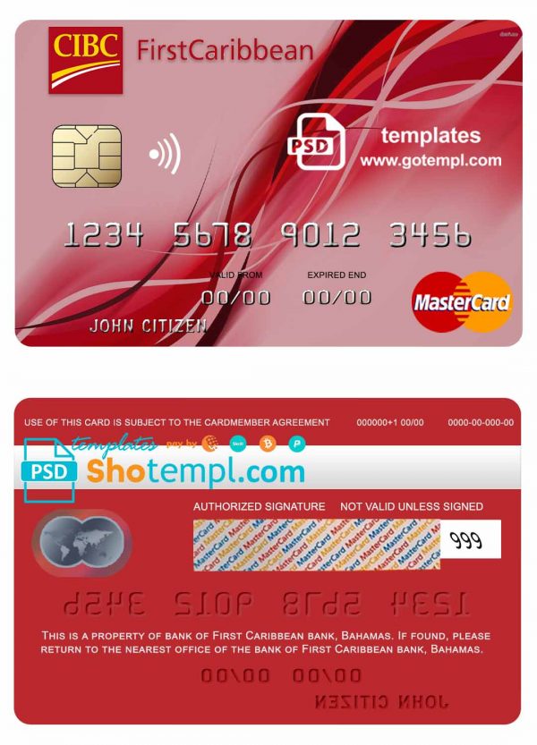 Bahamas First Caribbean bank mastercard credit card template in PSD format, fully editable