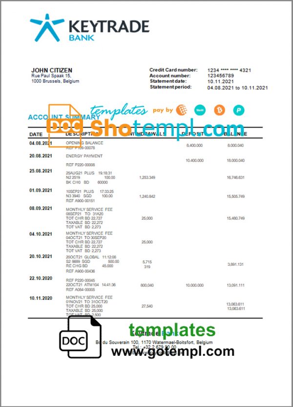 Belgium Keytrade bank statement template in Word and PDF format