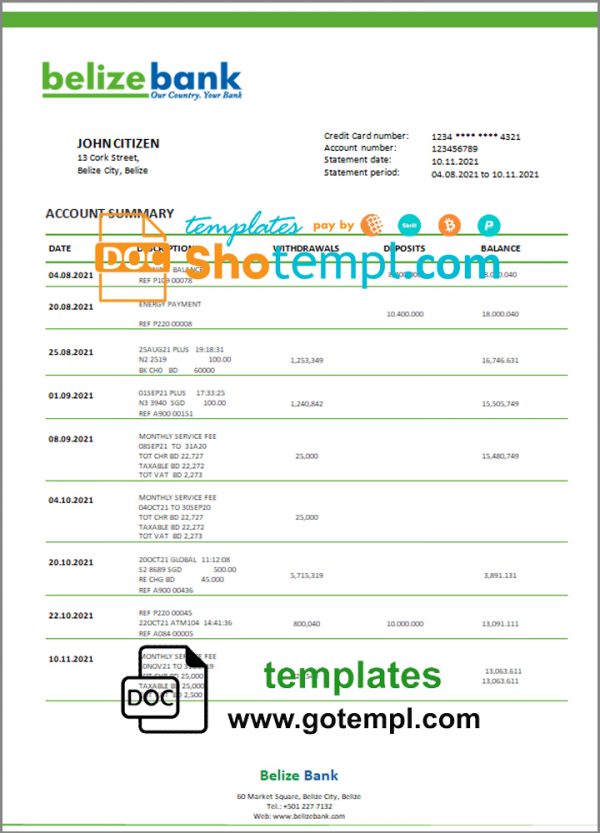Belize bank statement template in Word and PDF format, fully editable