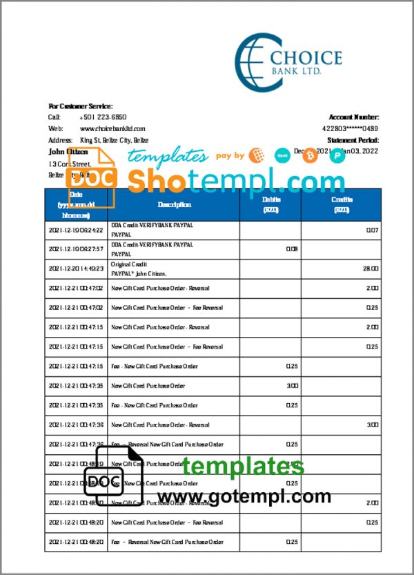 Belize Choice Bank statement template in Word and PDF format