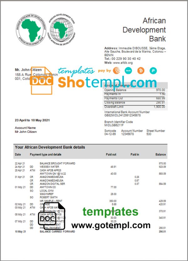 Benin African Development bank statement template in Word and PDF format