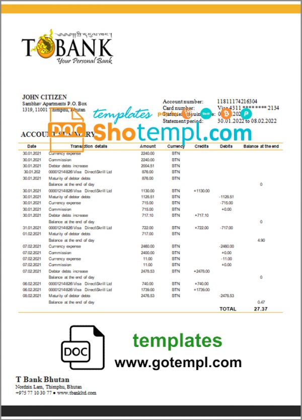 Bhutan T bank statement template in Word and PDF format