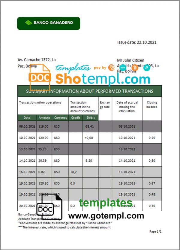 Bolivia Banco Ganadero bank statement template in Word and PDF format