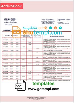 Bosnia and Herzegovina Addiko bank statement template in Word and PDF format