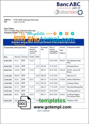 Botswana Bank ABC bank statement template in Word and PDF format