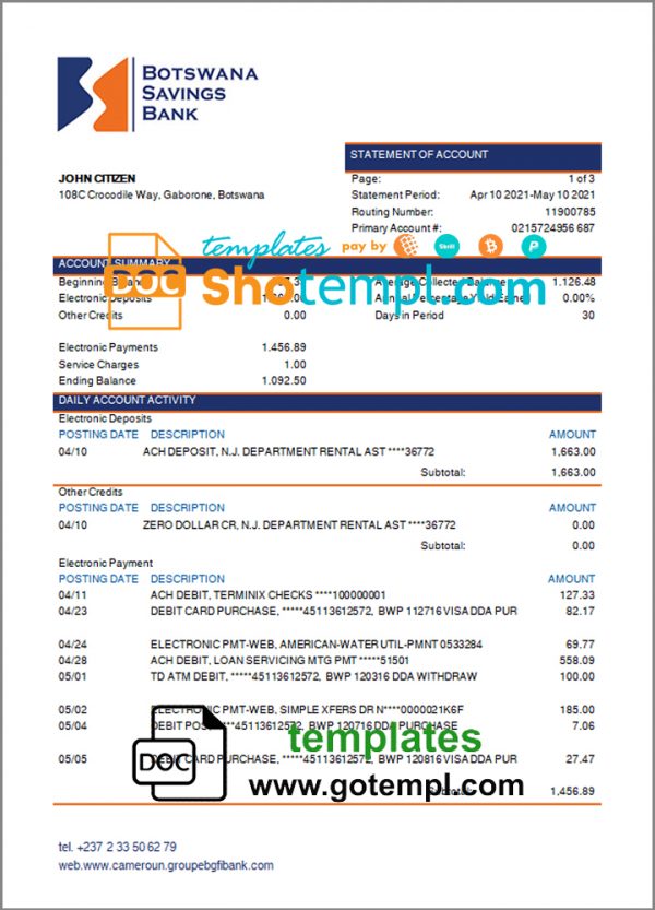 Botswana Savings Bank statement template in Word and PDF format