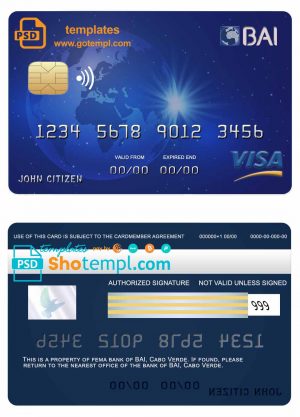 Cabo Verde BAI bank visa card credit card template in PSD format, fully editable