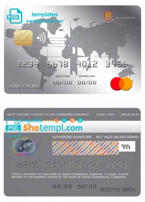 Cambodia Union Commercial bank mastercard credit card template in PSD format, fully editable