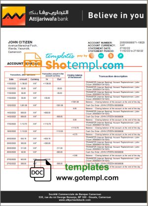 Cameroon SCB bank statement template in Word and PDF format