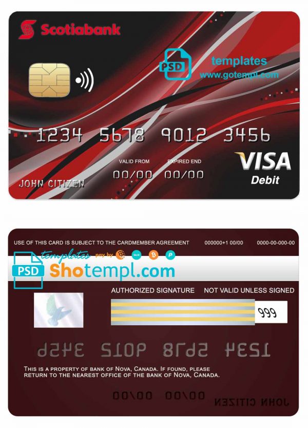 Canada Nova bank visa card template in PSD format, fully editable