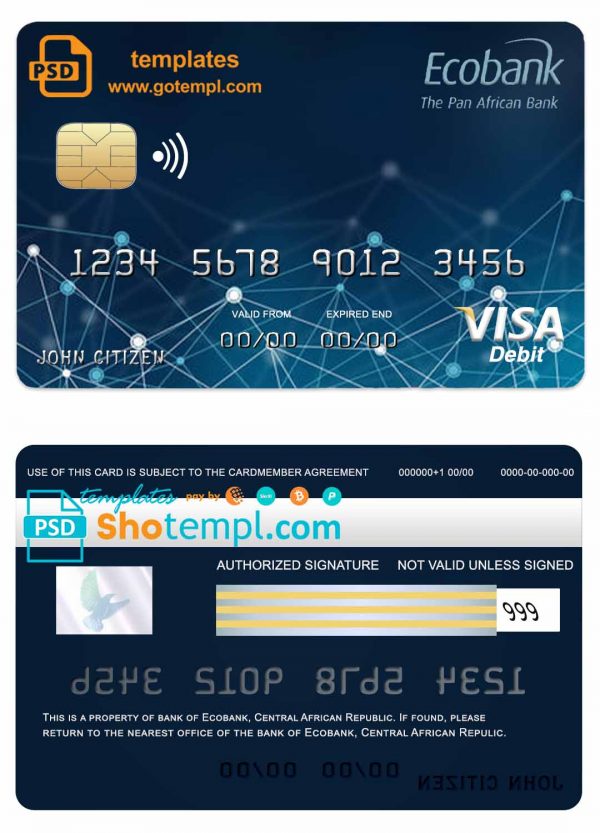 Central African Republic Ecobank visa card template in PSD format, fully editable