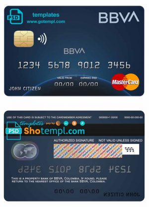 Colombia BBVA bank mastercard credit card template in PSD format, fully editable