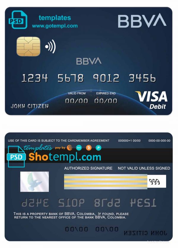 Colombia BBVA bank visa debit card template in PSD format, fully editable