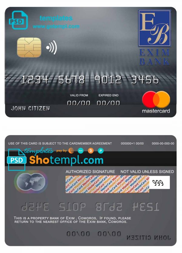 Comoros Exim bank mastercard credit card template in PSD format, fully editable