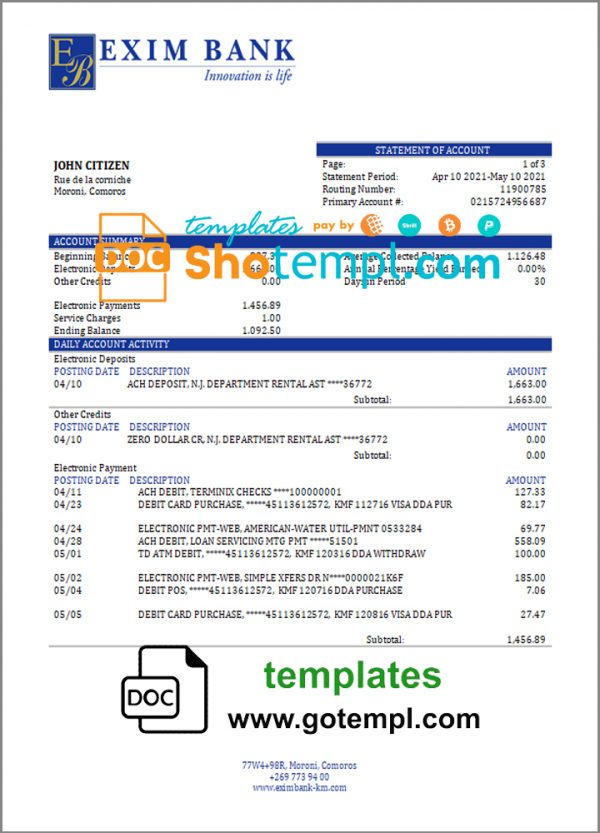 Comoros  Exim bank statement template in Word and PDF format