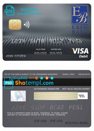 Comoros Exim bank visa debit card template in PSD format, fully editable