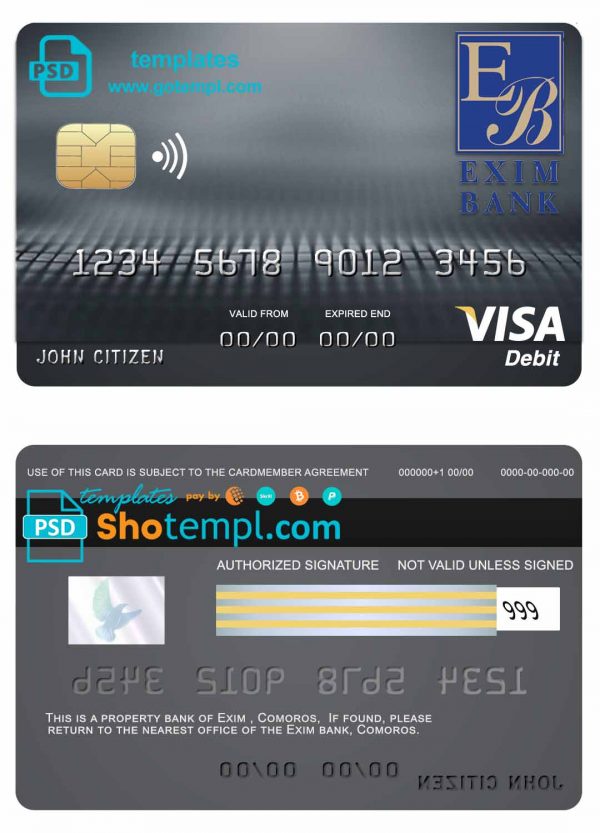 Comoros Exim bank visa debit card template in PSD format, fully editable