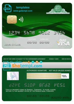 Comoros Sanduk bank visa credit card template in PSD format, fully editable