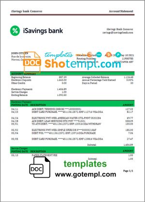 Comoros iSavings bank statement template in Word and PDF format