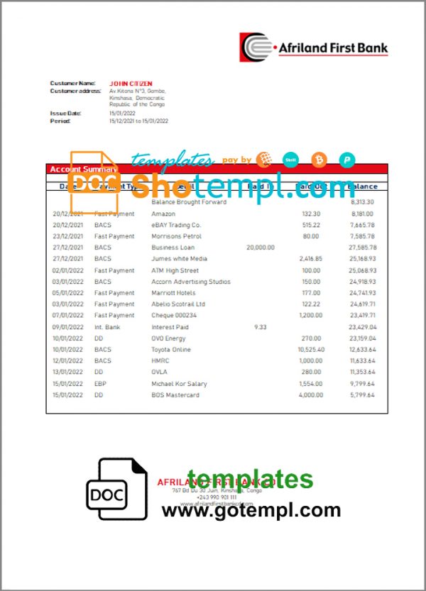 Congo Afriland First bank statement template in Word and PDF (.doc and .pdf) format
