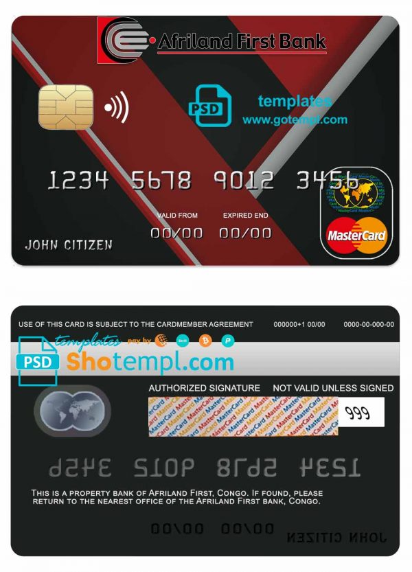 Congo Afriland First bank mastercard credit card template in PSD format, fully editable